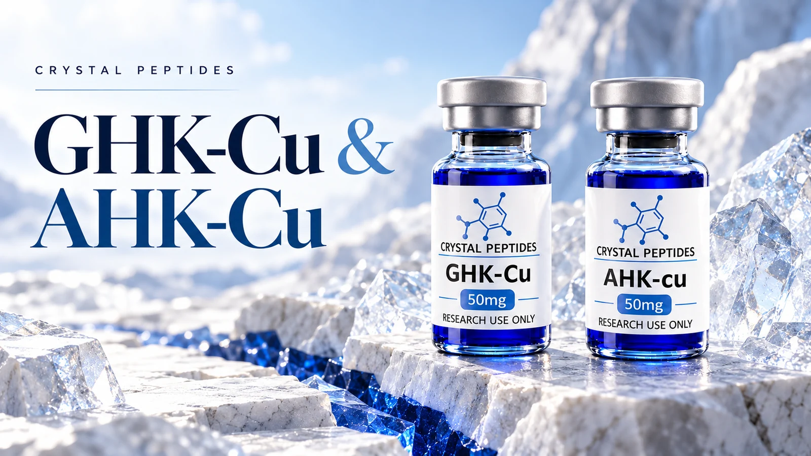 Illustrazione editoriale del prodotto: GHK-Cu / AHK-Cu — Crystal Peptides.