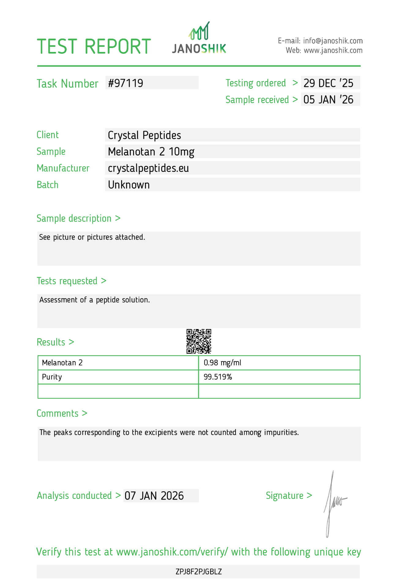 MT-2 (10mg/10ml) Purity & Identity Test di Laboratorio